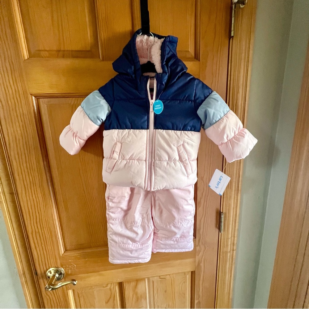 NWT CARTERS Light Pink and Blue Puffer and Bibs 12M
